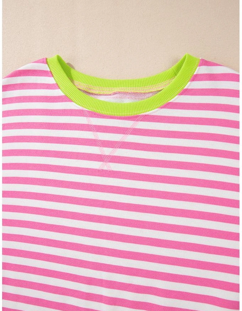 Rose Red Striped Contrast Ribbed Trim Crossed Stitch Drop Shoulder Sweatshirt