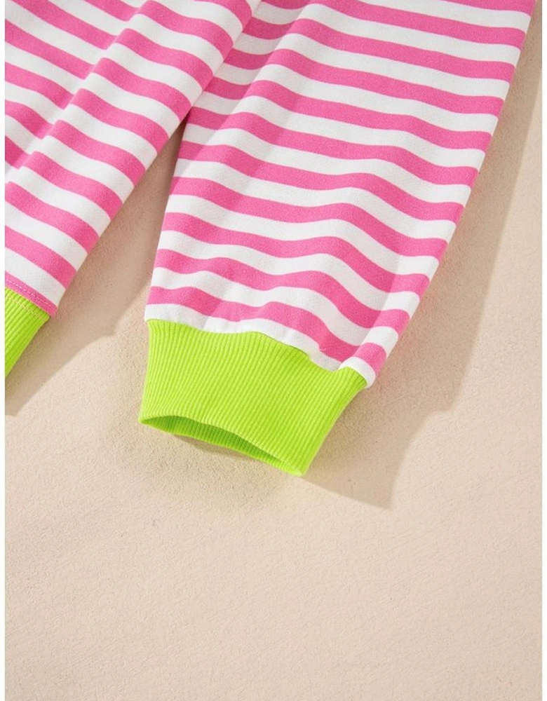 Rose Red Striped Contrast Ribbed Trim Crossed Stitch Drop Shoulder Sweatshirt