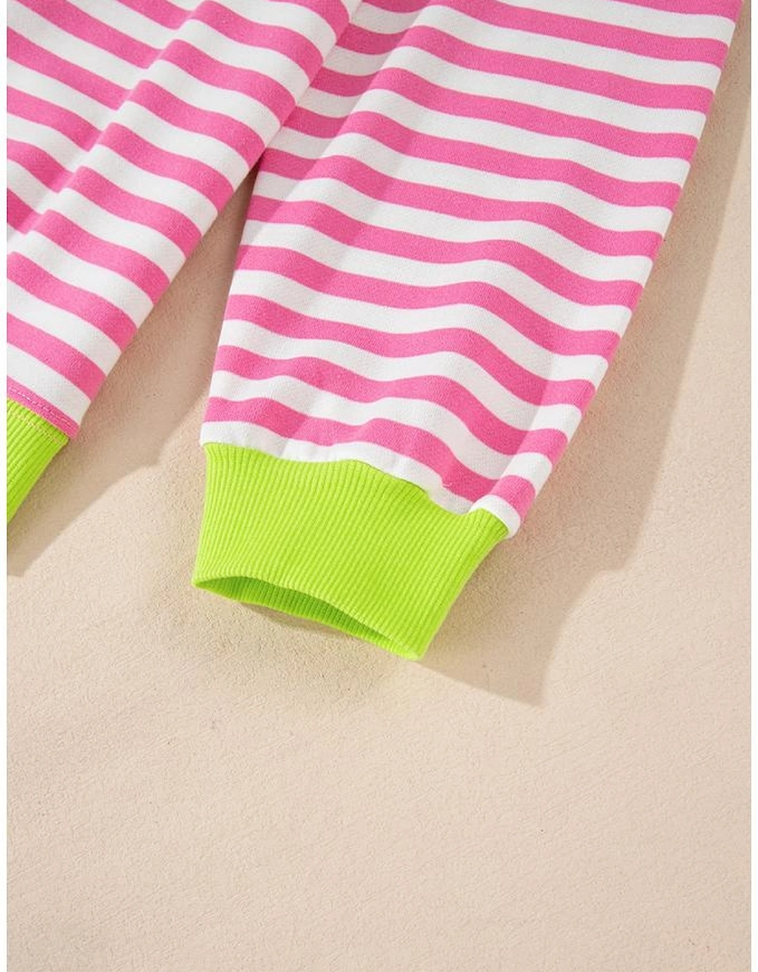 Rose Red Striped Contrast Ribbed Trim Crossed Stitch Drop Shoulder Sweatshirt