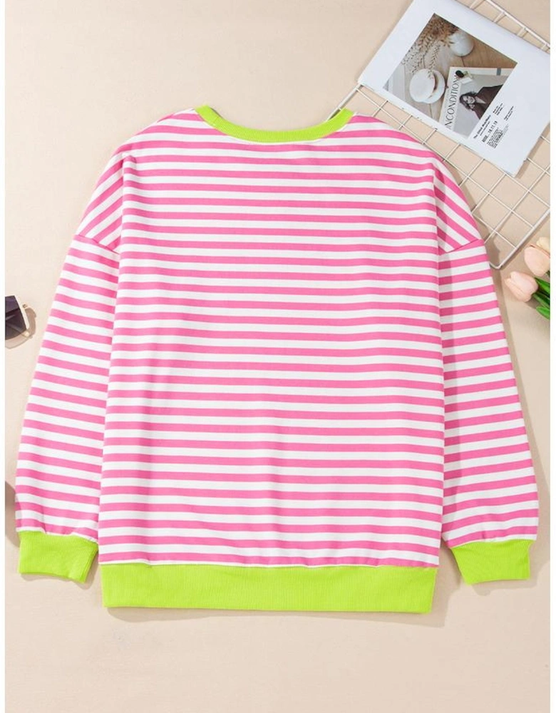 Rose Red Striped Contrast Ribbed Trim Crossed Stitch Drop Shoulder Sweatshirt