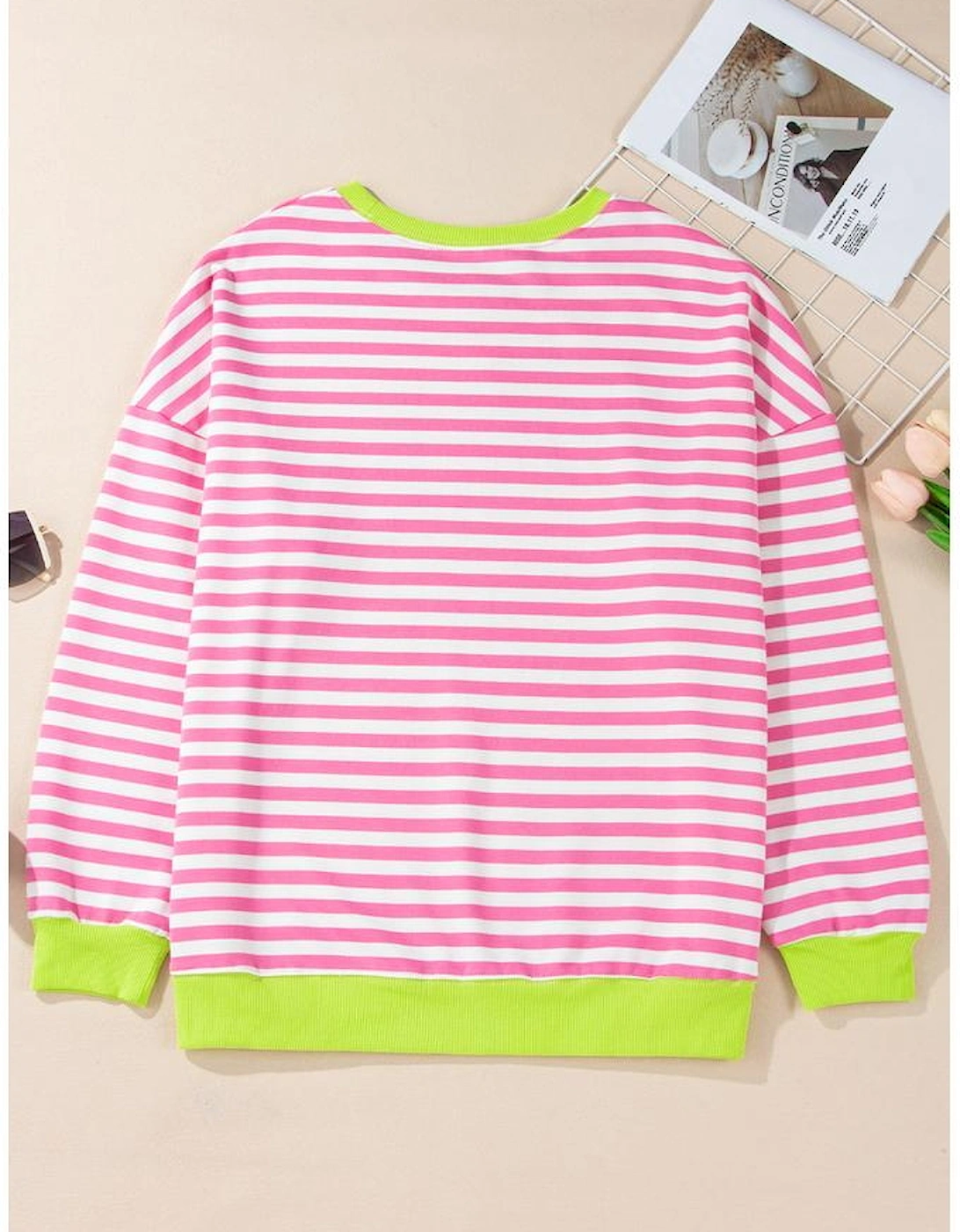 Rose Red Striped Contrast Ribbed Trim Crossed Stitch Drop Shoulder Sweatshirt