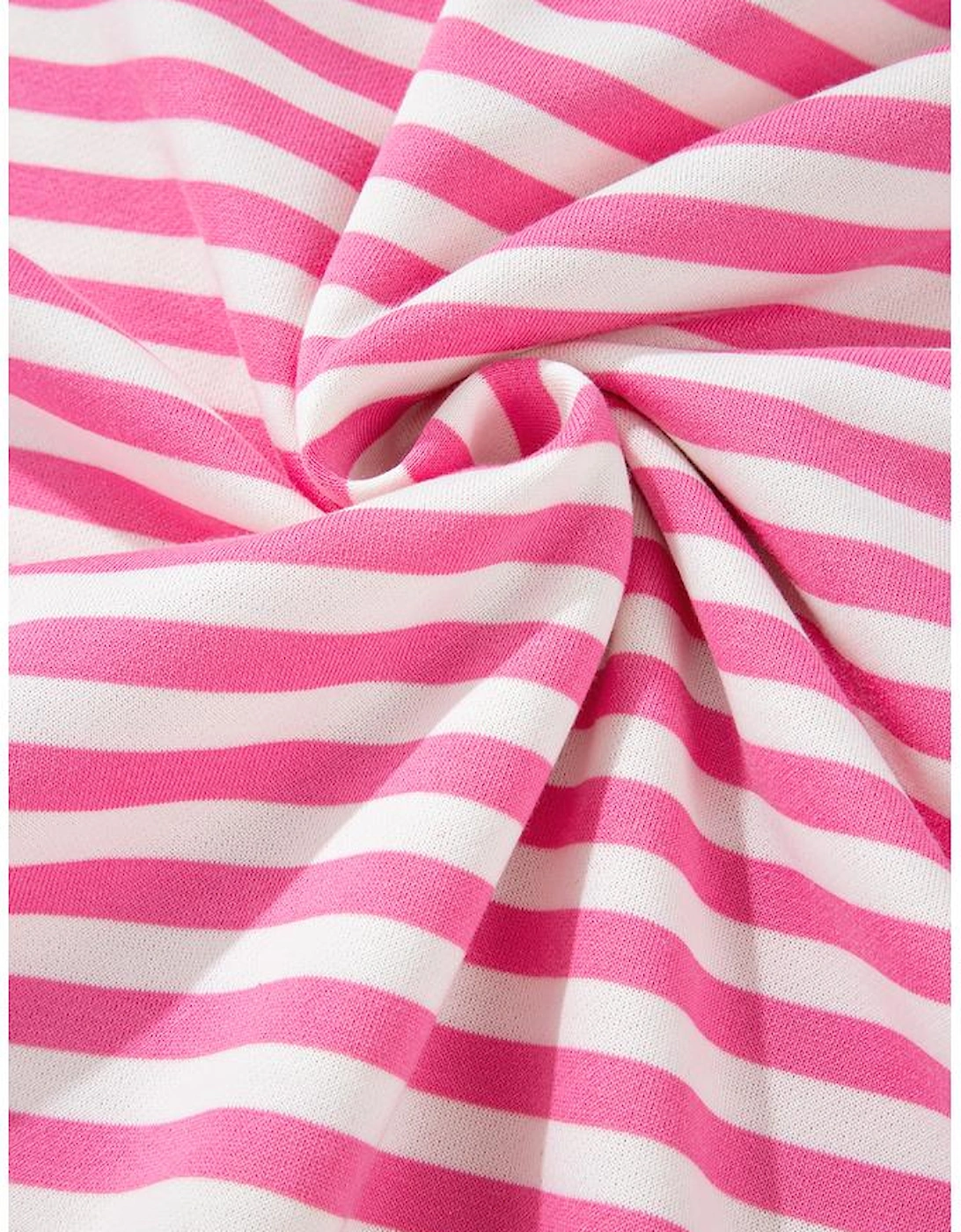 Rose Red Striped Contrast Ribbed Trim Crossed Stitch Drop Shoulder Sweatshirt