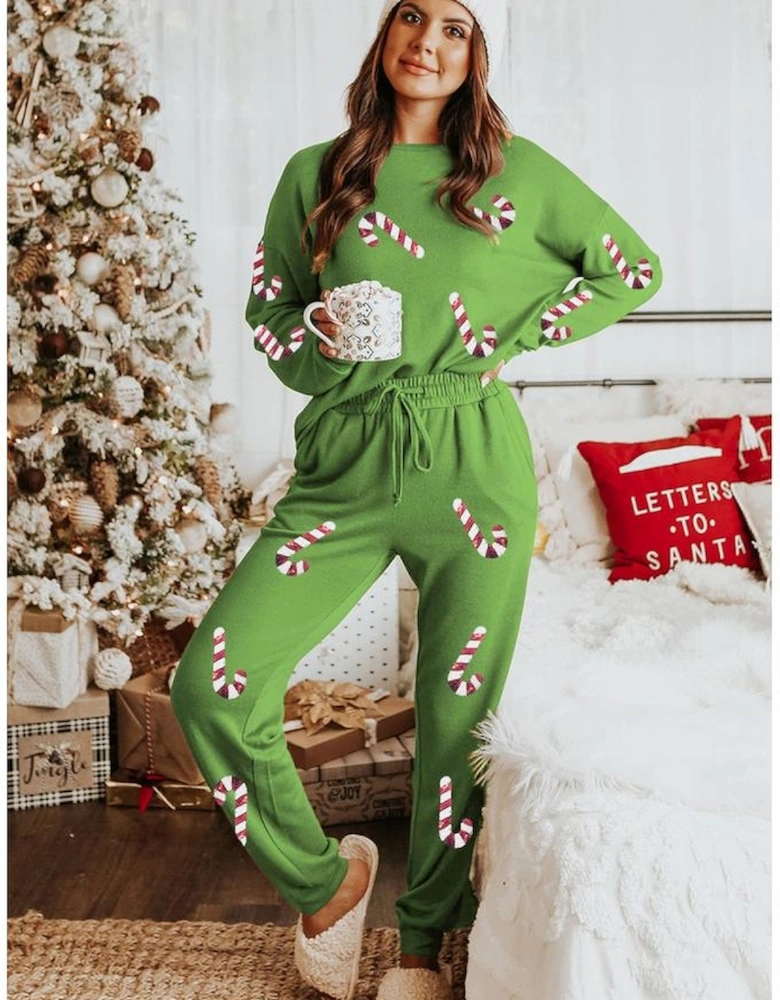 Spinach Green Sequined Christmas Cane Pattern Lounge Sweatsuit