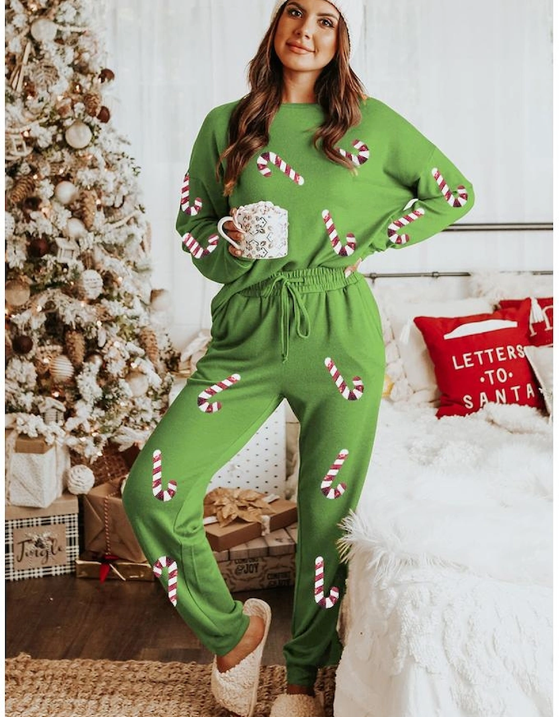 Spinach Green Sequined Christmas Cane Pattern Lounge Sweatsuit, 3 of 2