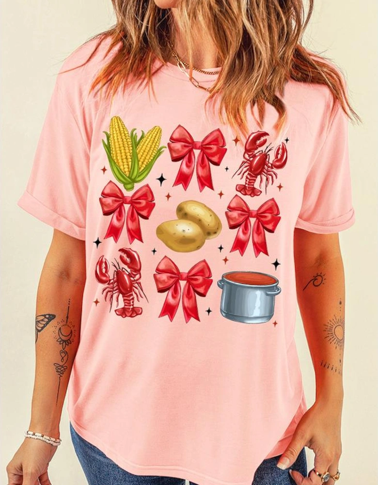 Pink Summer Food Bow Crawfish Printed T Shirt