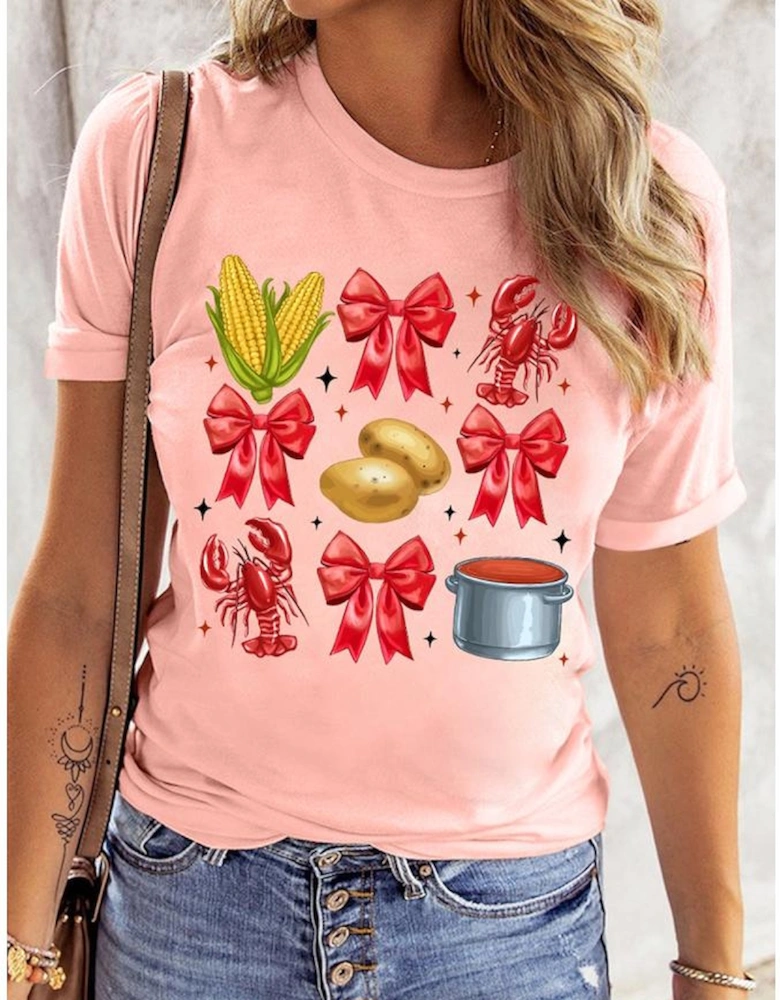 Pink Summer Food Bow Crawfish Printed T Shirt