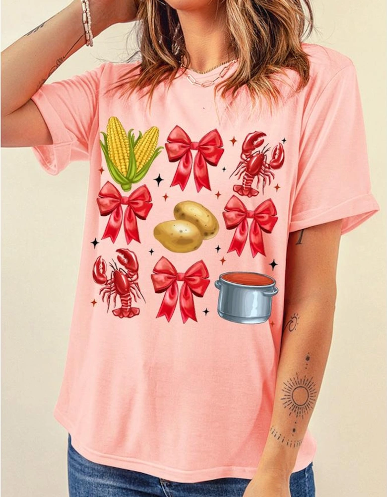 Pink Summer Food Bow Crawfish Printed T Shirt