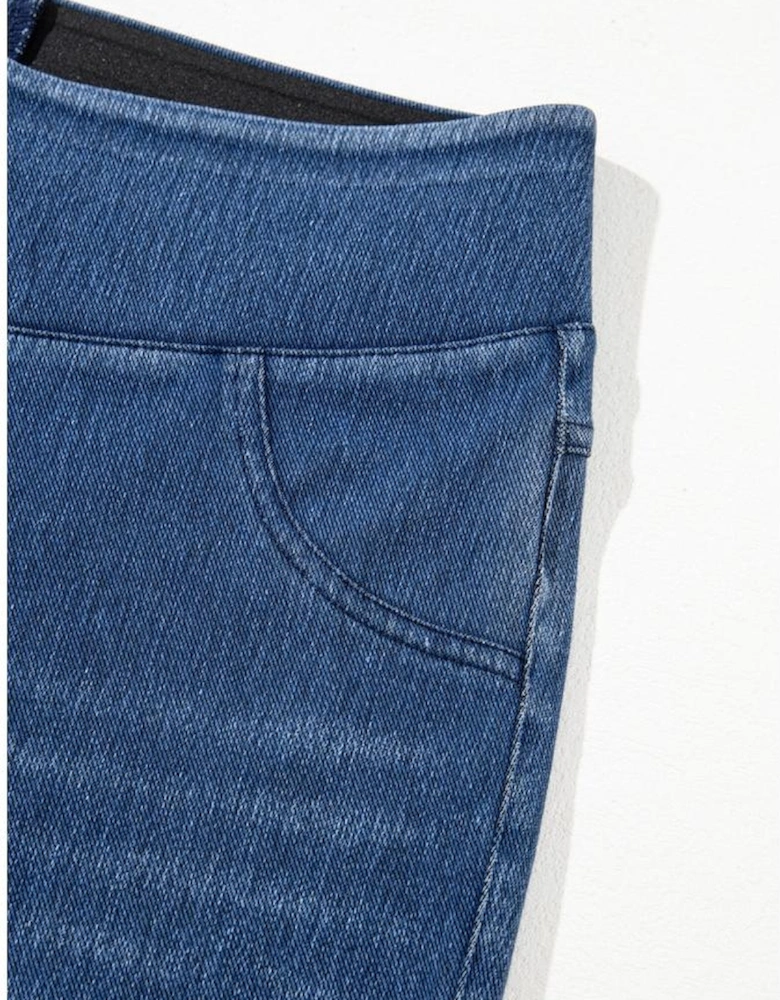 Navy Blue Skinny Elastic Waist Ankle Length Mid Waist Jeggings with Pockets