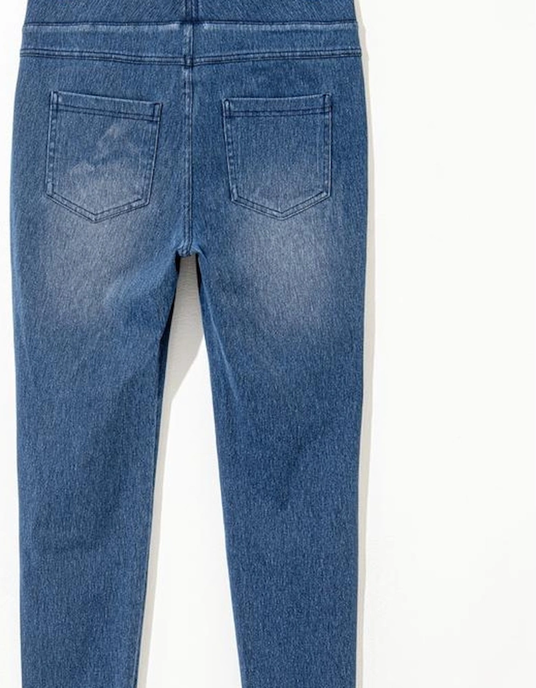 Navy Blue Skinny Elastic Waist Ankle Length Mid Waist Jeggings with Pockets