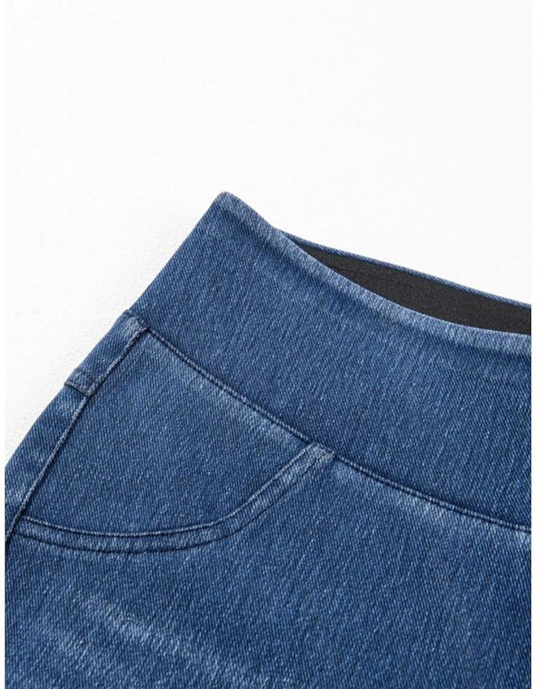 Navy Blue Skinny Elastic Waist Ankle Length Mid Waist Jeggings with Pockets