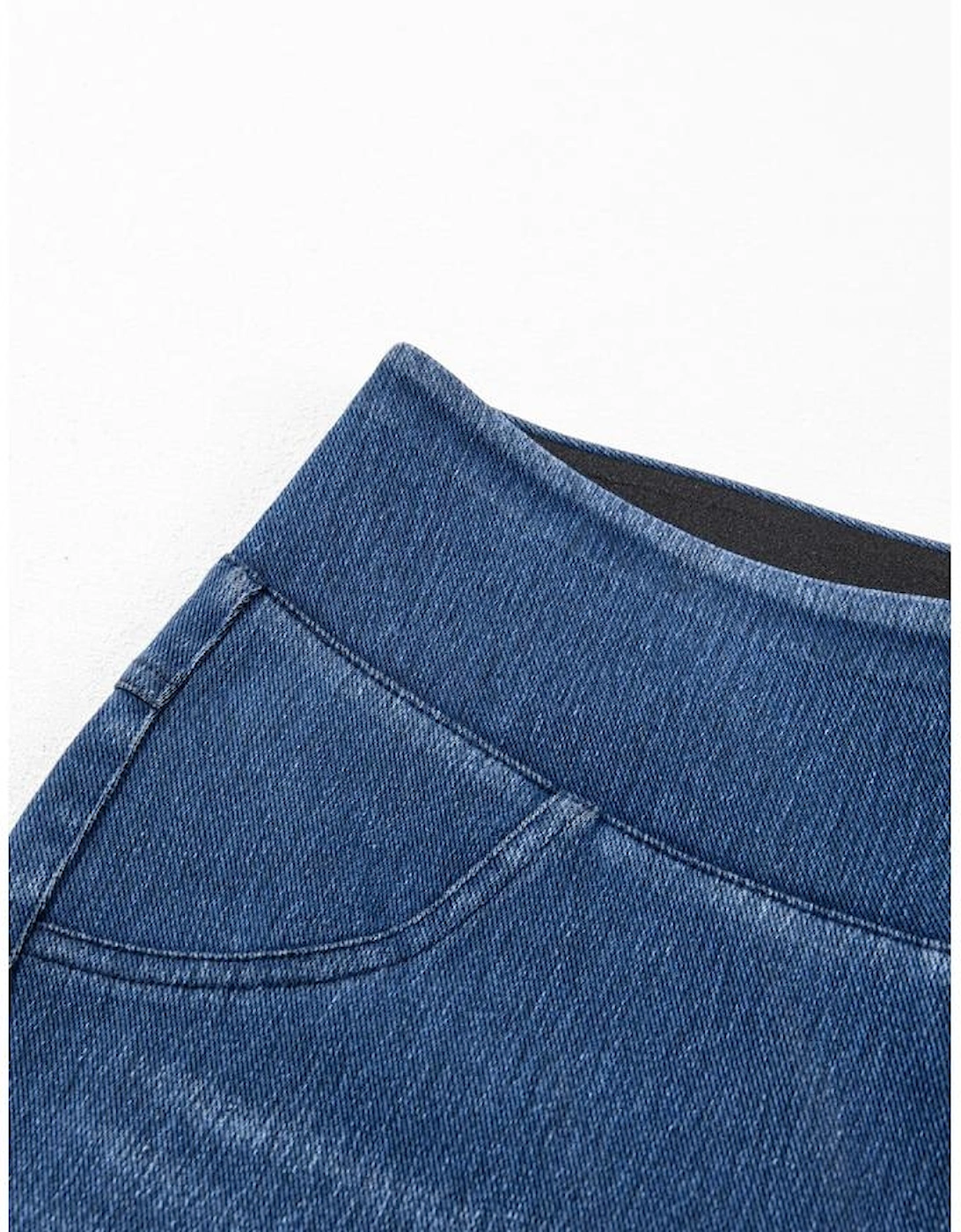 Navy Blue Skinny Elastic Waist Ankle Length Mid Waist Jeggings with Pockets