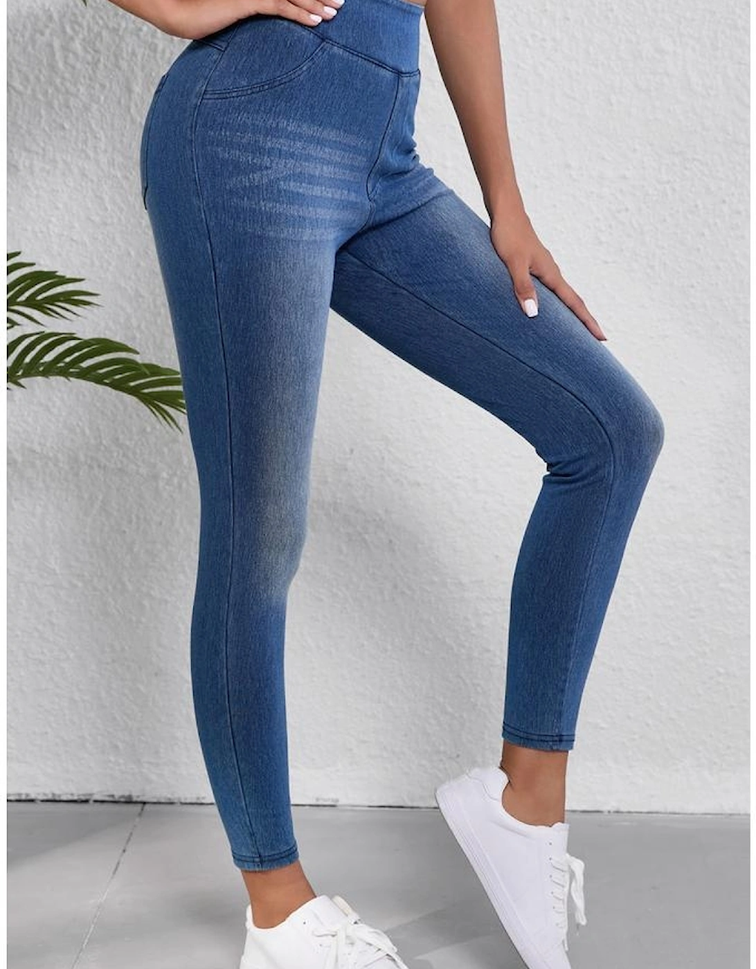 Navy Blue Skinny Elastic Waist Ankle Length Mid Waist Jeggings with Pockets, 15 of 14