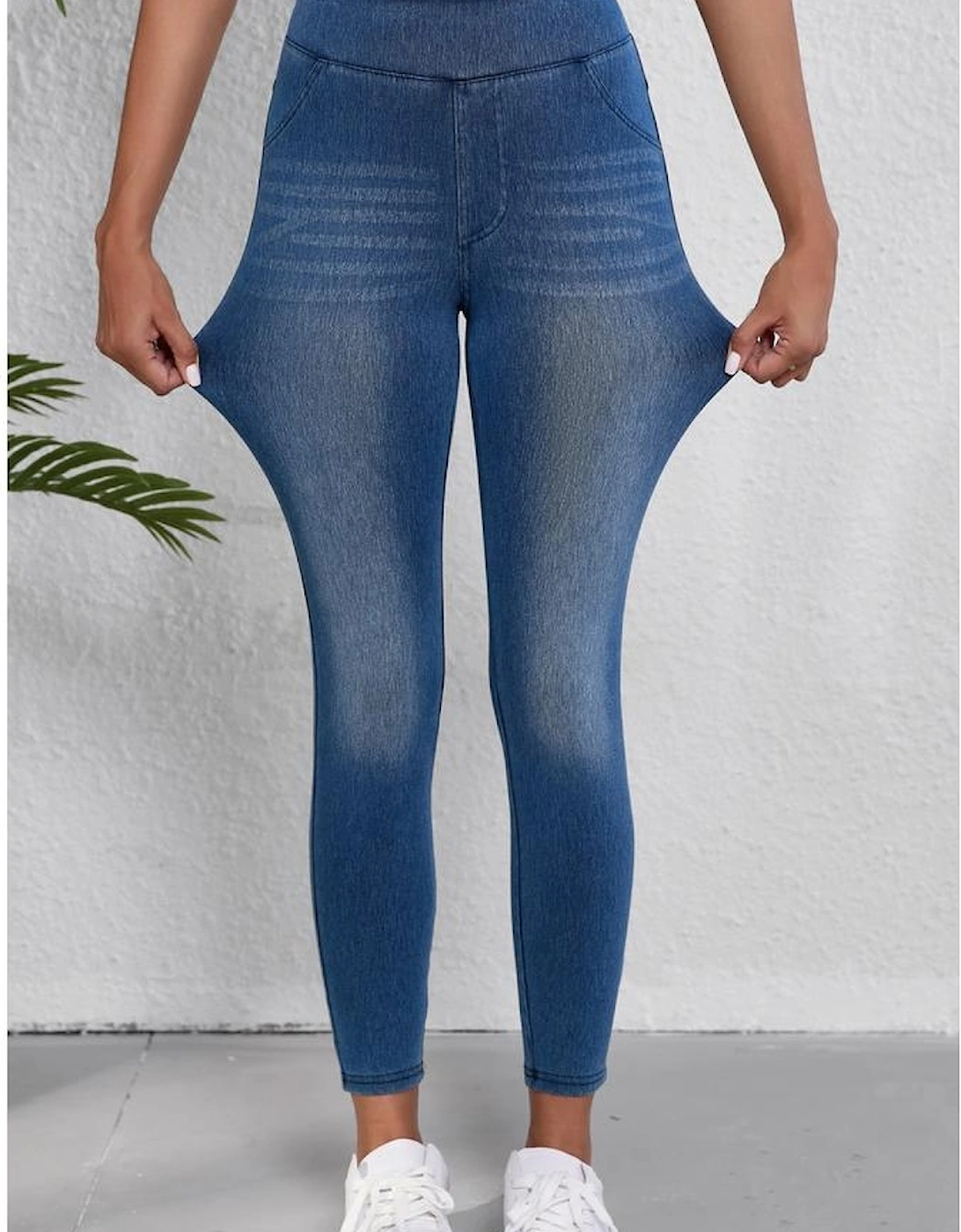 Navy Blue Skinny Elastic Waist Ankle Length Mid Waist Jeggings with Pockets