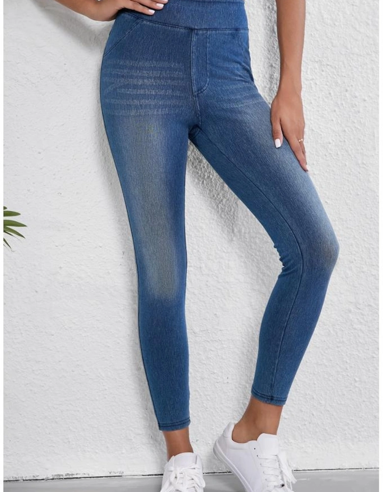 Navy Blue Skinny Elastic Waist Ankle Length Mid Waist Jeggings with Pockets