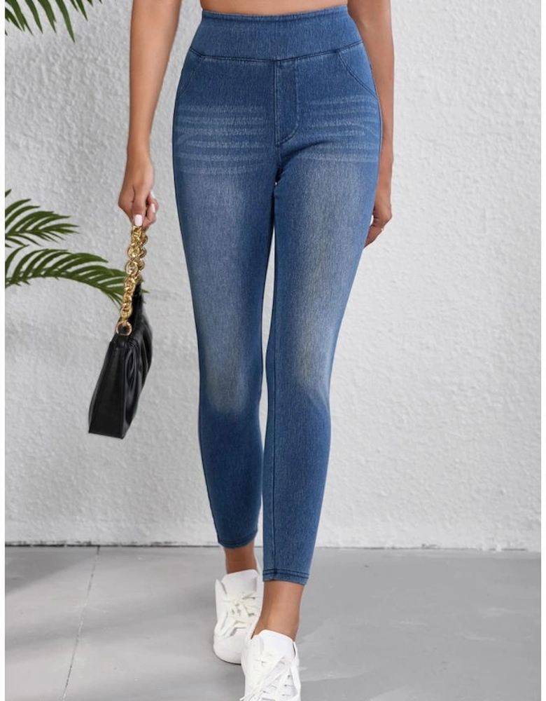 Navy Blue Skinny Elastic Waist Ankle Length Mid Waist Jeggings with Pockets