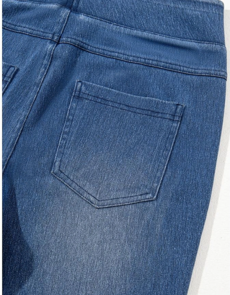 Navy Blue Skinny Elastic Waist Ankle Length Mid Waist Jeggings with Pockets