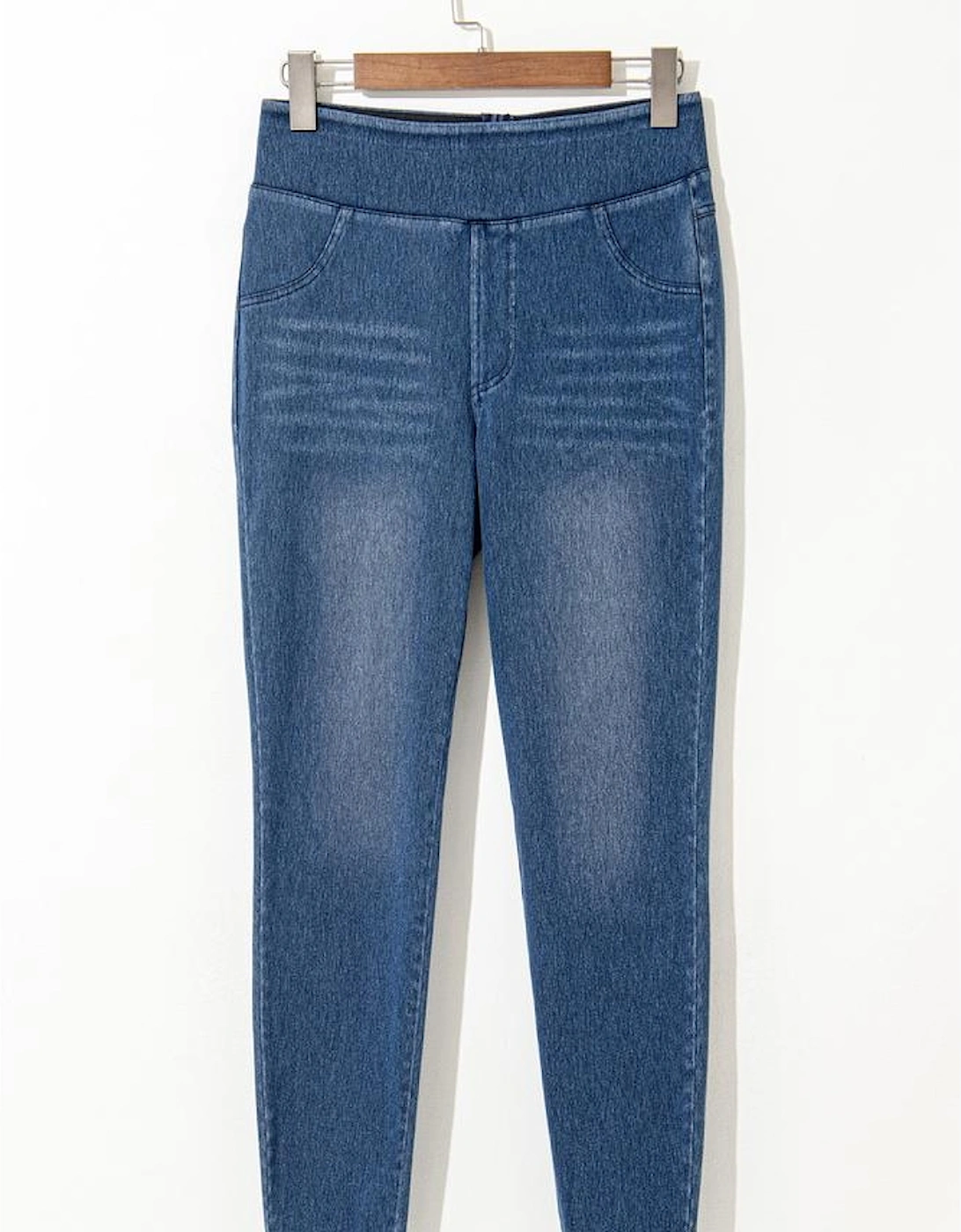 Navy Blue Skinny Elastic Waist Ankle Length Mid Waist Jeggings with Pockets