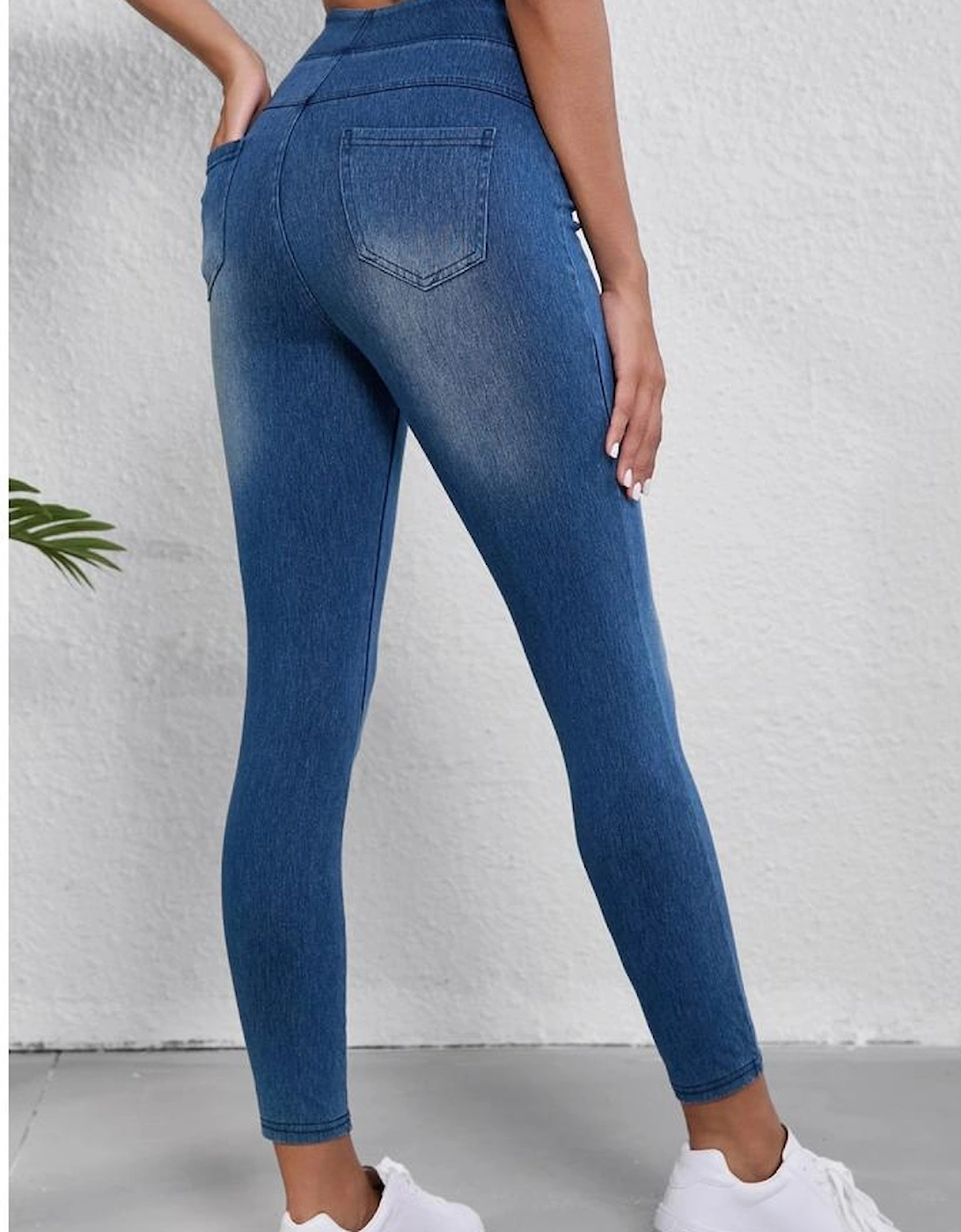 Navy Blue Skinny Elastic Waist Ankle Length Mid Waist Jeggings with Pockets