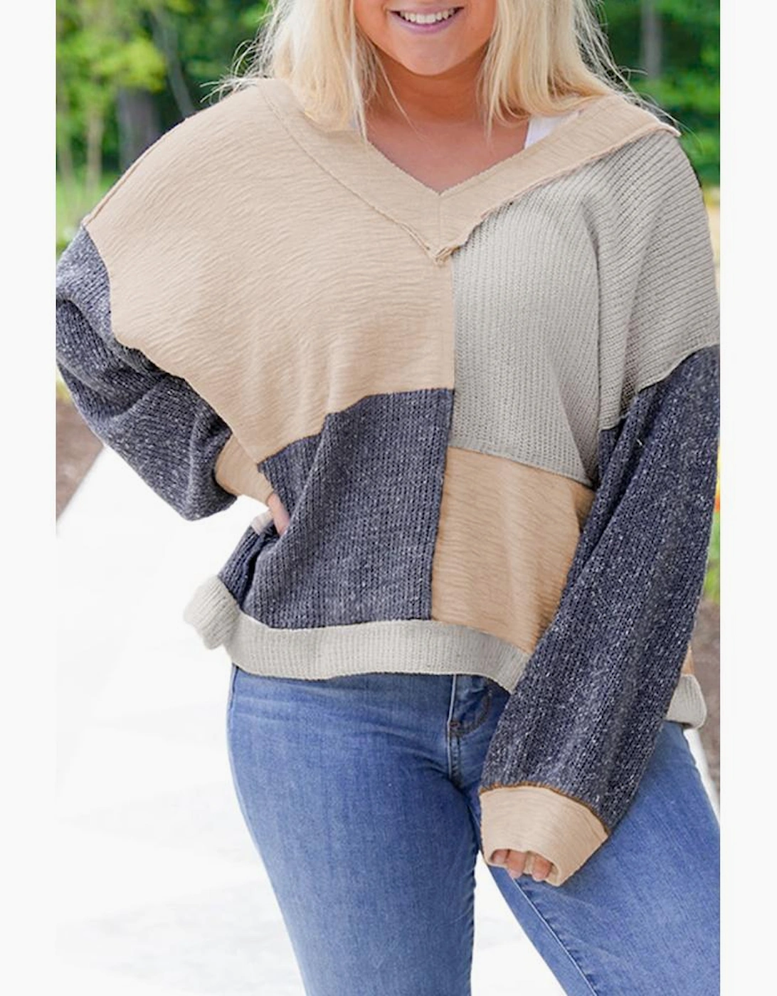 Ashleigh Blue Plus Size Textured Colorblock Patchwork V Neck Top, 15 of 14