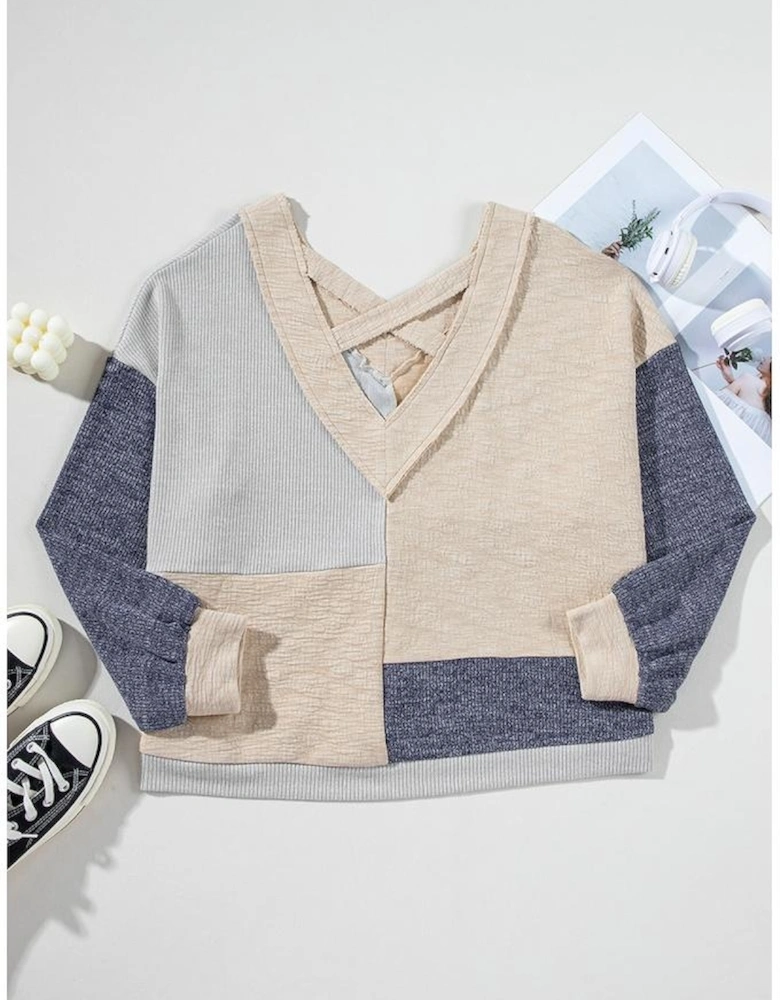 Ashleigh Blue Plus Size Textured Colorblock Patchwork V Neck Top