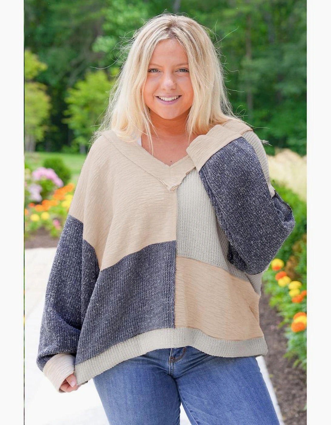 Ashleigh Blue Plus Size Textured Colorblock Patchwork V Neck Top