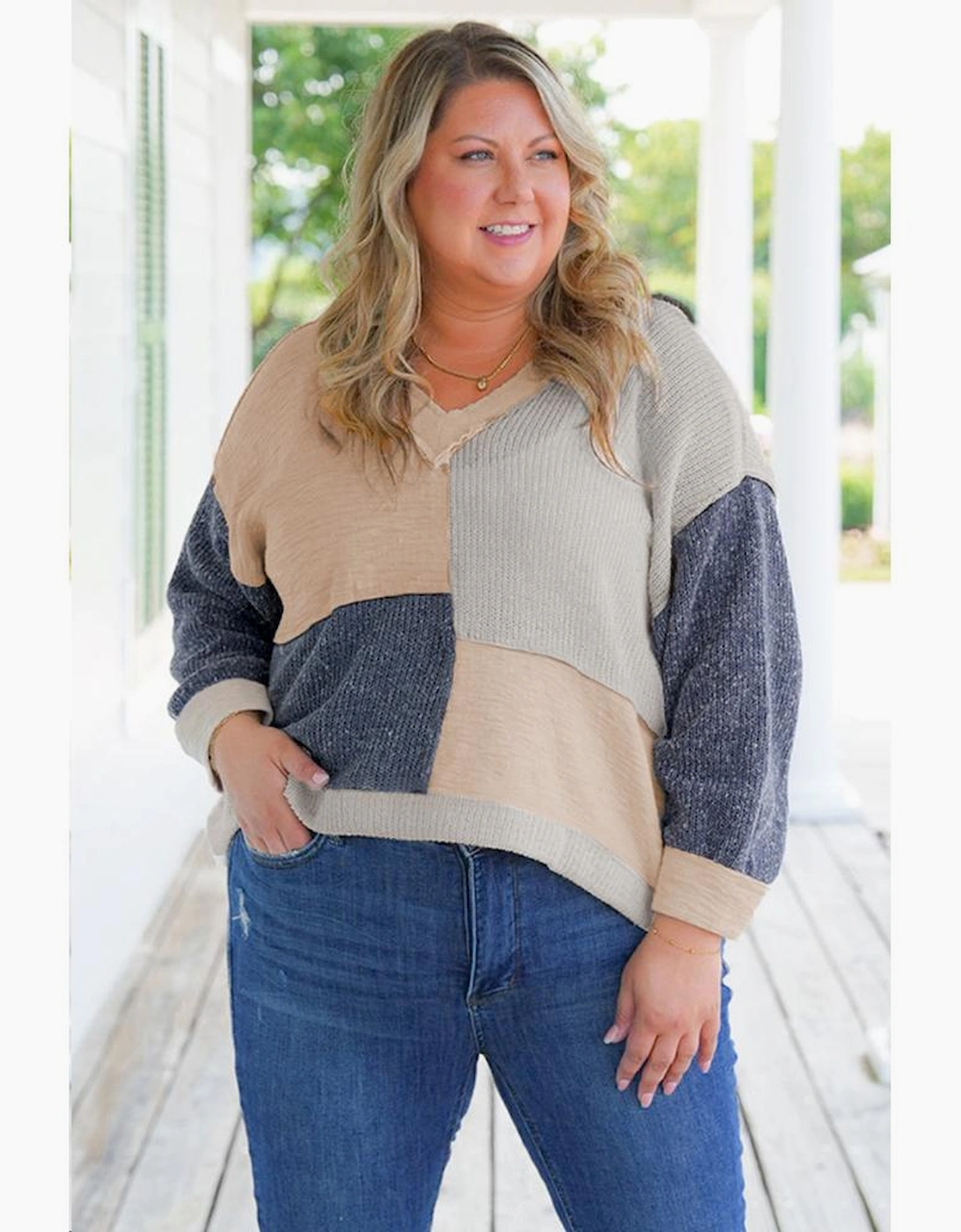 Ashleigh Blue Plus Size Textured Colorblock Patchwork V Neck Top