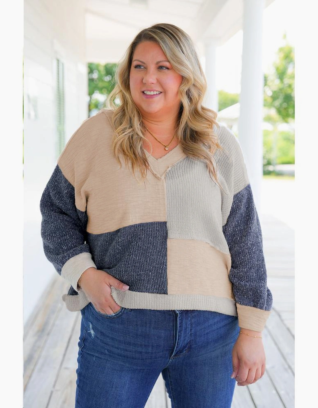 Ashleigh Blue Plus Size Textured Colorblock Patchwork V Neck Top