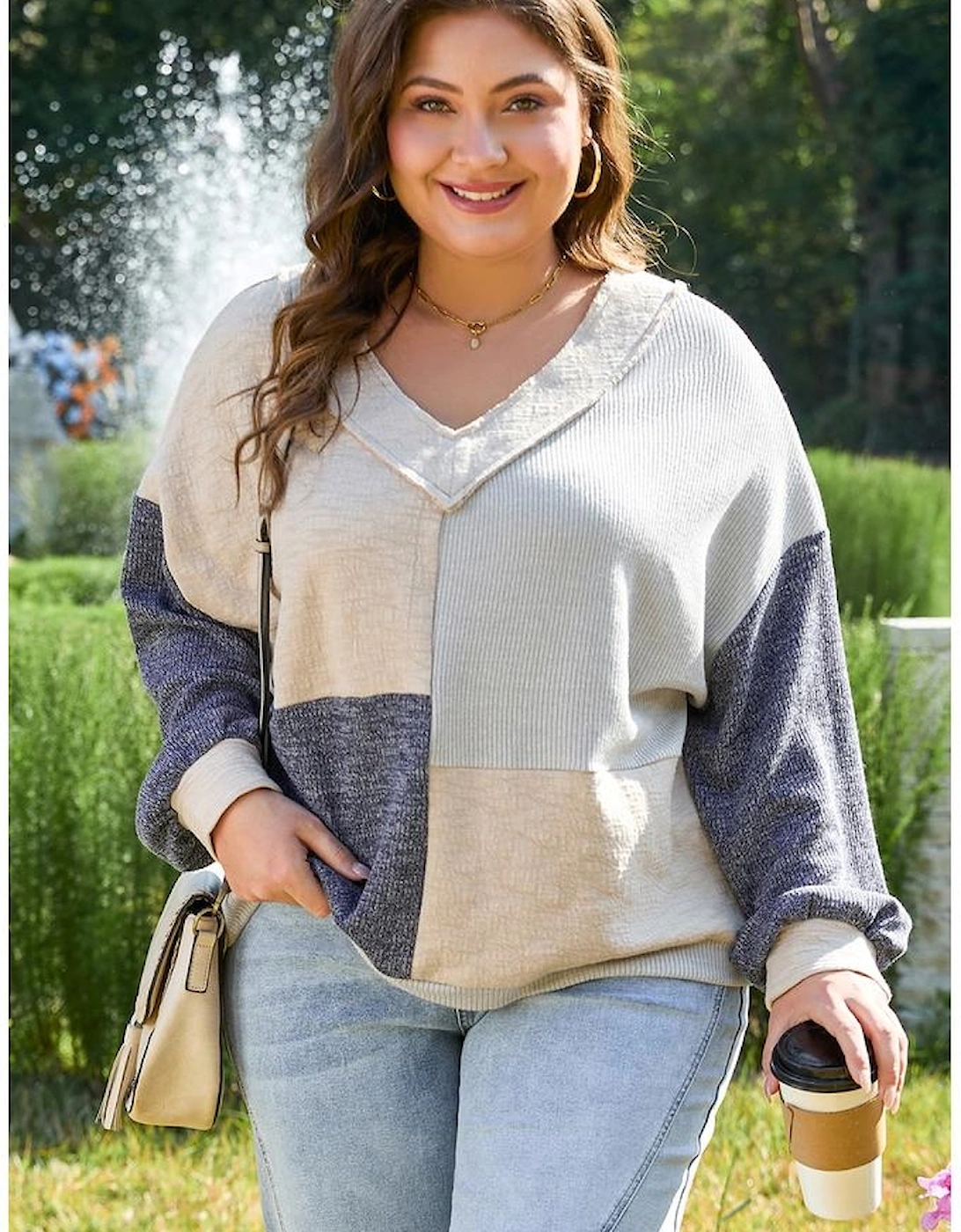 Ashleigh Blue Plus Size Textured Colorblock Patchwork V Neck Top