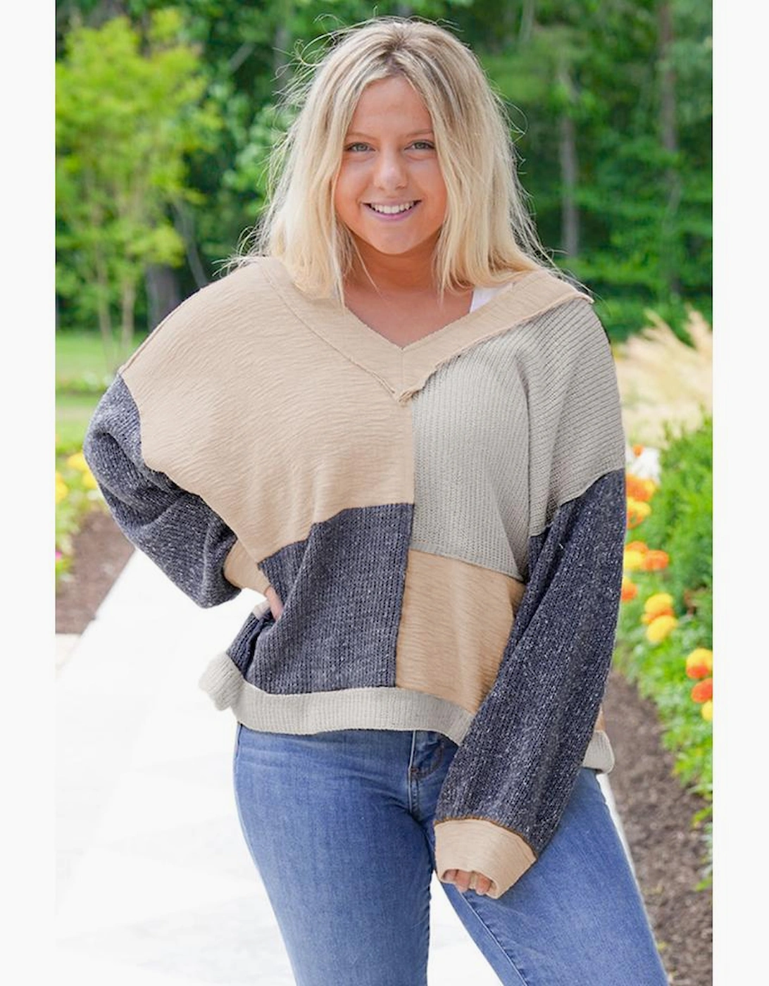 Ashleigh Blue Plus Size Textured Colorblock Patchwork V Neck Top