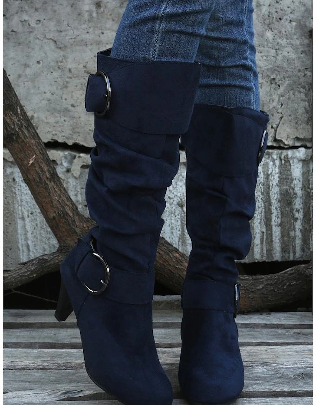 Navy Blue Dual Buckle Strap Side Zip Heeled Mid Calf Boots