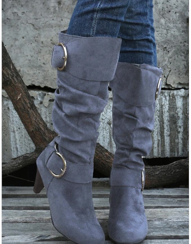 Navy Blue Dual Buckle Strap Side Zip Heeled Mid Calf Boots