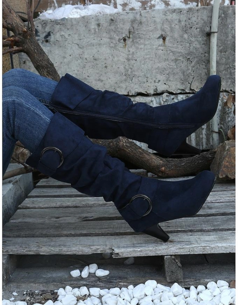 Navy Blue Dual Buckle Strap Side Zip Heeled Mid Calf Boots