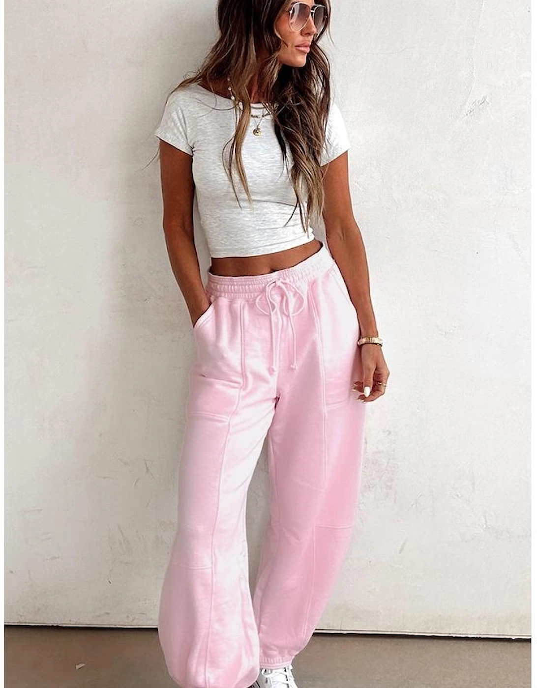 Light Pink Drawstring Waist Patchwork Solid Color Jogger Pants