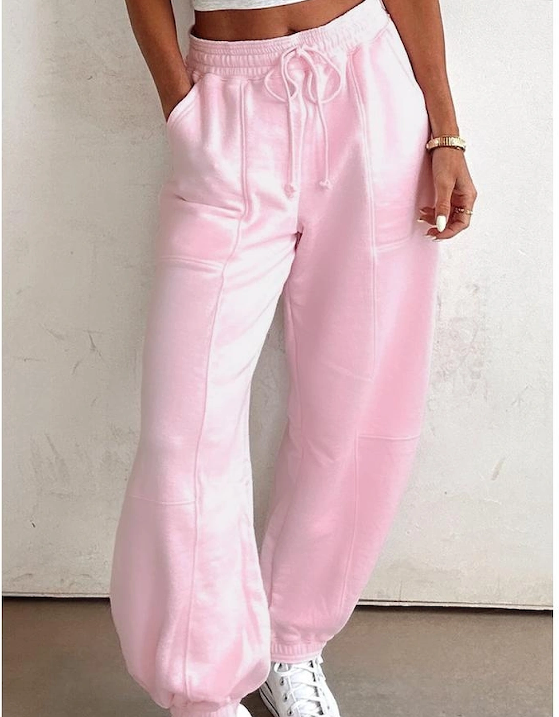 Light Pink Drawstring Waist Patchwork Solid Color Jogger Pants