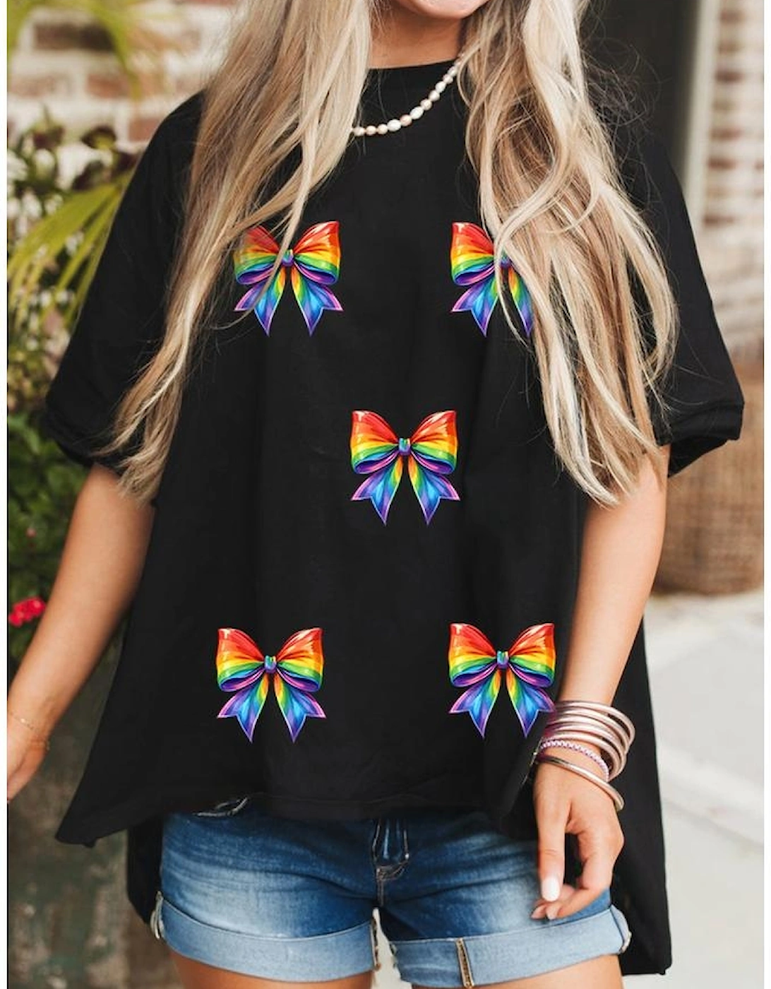 Black Pride Bow Print Oversize Cotton T Shirt