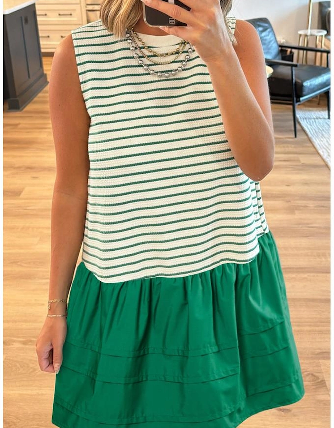 Green Stripe Woven Ruffled Sleeveless Mini Dress, 11 of 10