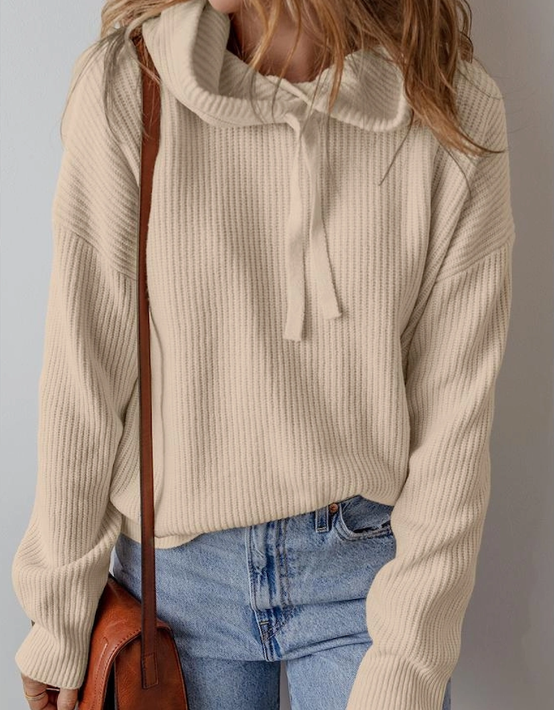 Beige Solid Color Drawstring Hooded Drop Shoulder Pullover Sweater, 13 of 12