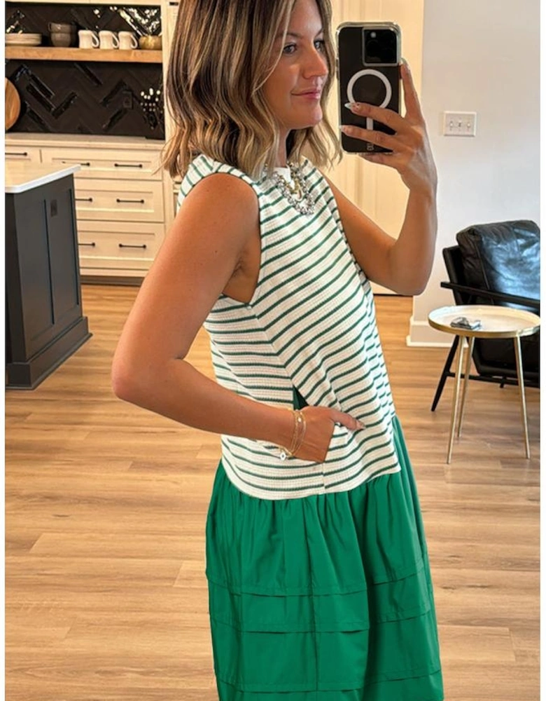 Green Stripe Woven Ruffled Sleeveless Mini Dress