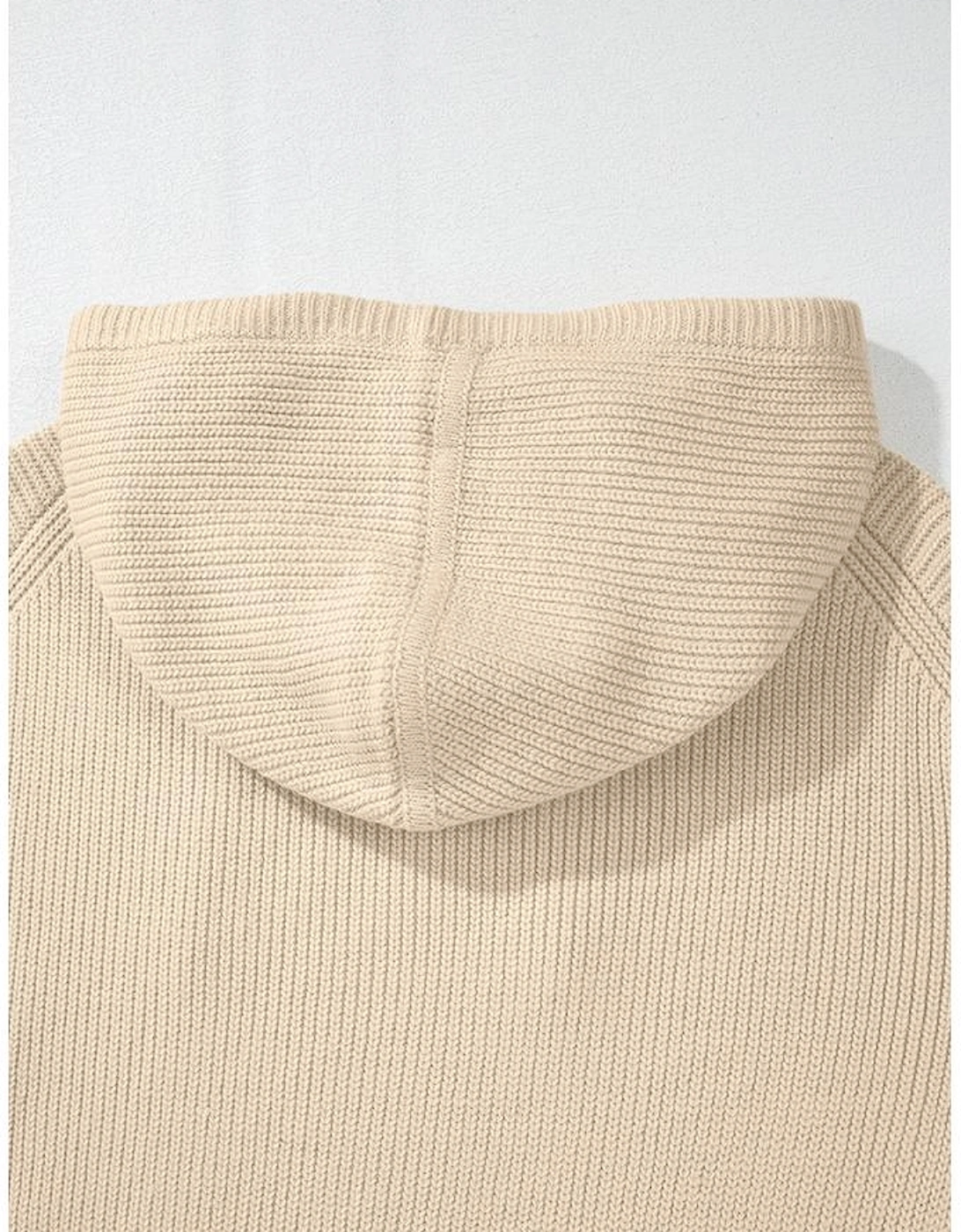 Beige Solid Color Drawstring Hooded Drop Shoulder Pullover Sweater