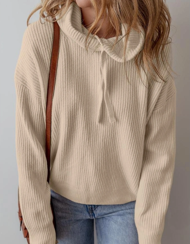 Beige Solid Color Drawstring Hooded Drop Shoulder Pullover Sweater