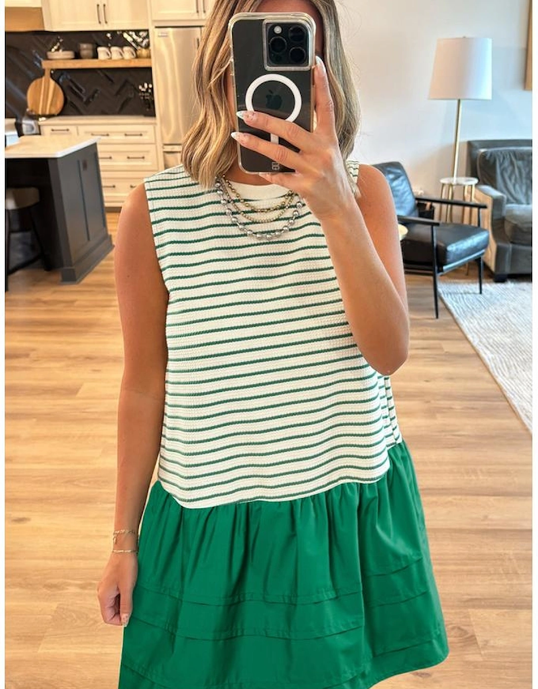 Green Stripe Woven Ruffled Sleeveless Mini Dress