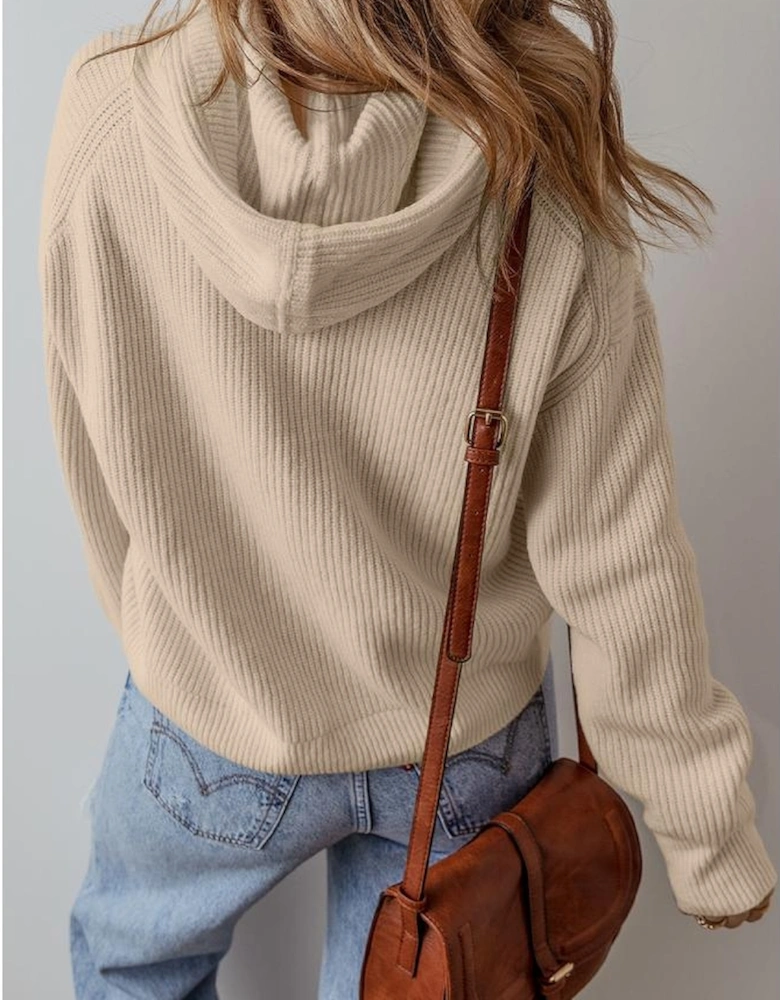 Beige Solid Color Drawstring Hooded Drop Shoulder Pullover Sweater