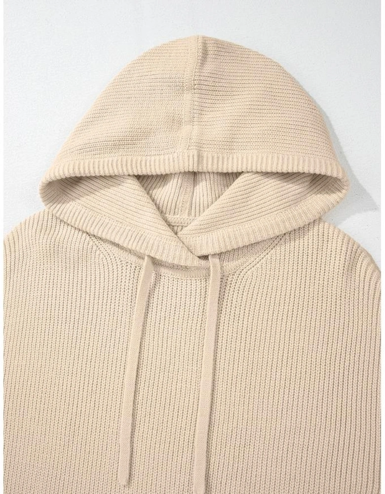 Beige Solid Color Drawstring Hooded Drop Shoulder Pullover Sweater