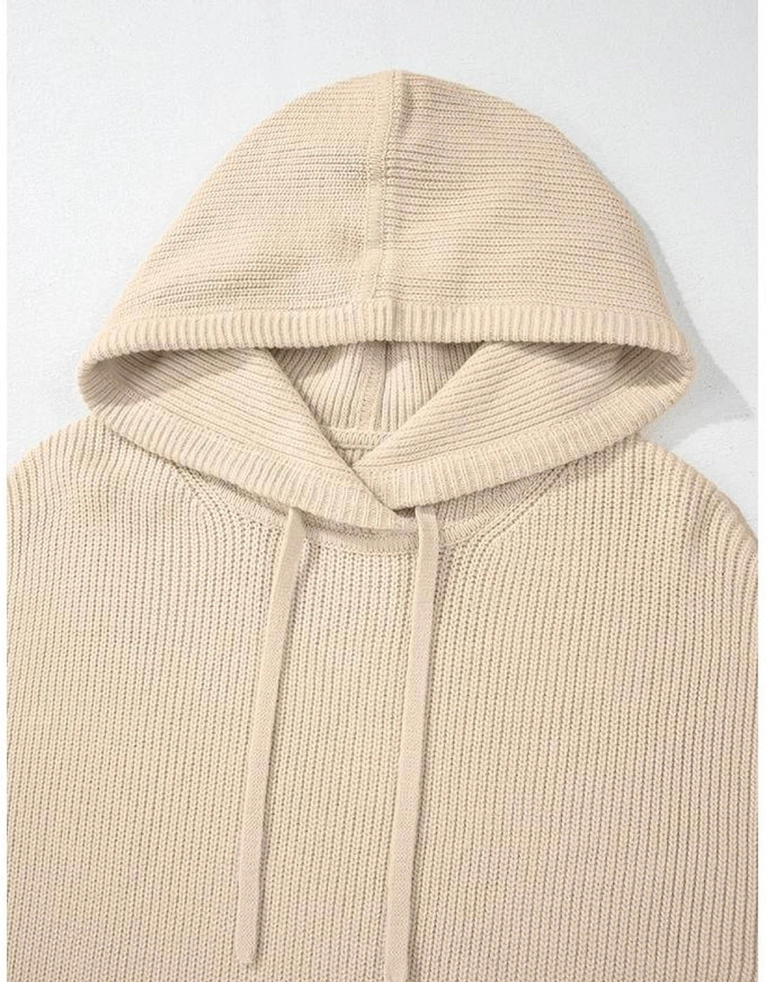 Beige Solid Color Drawstring Hooded Drop Shoulder Pullover Sweater