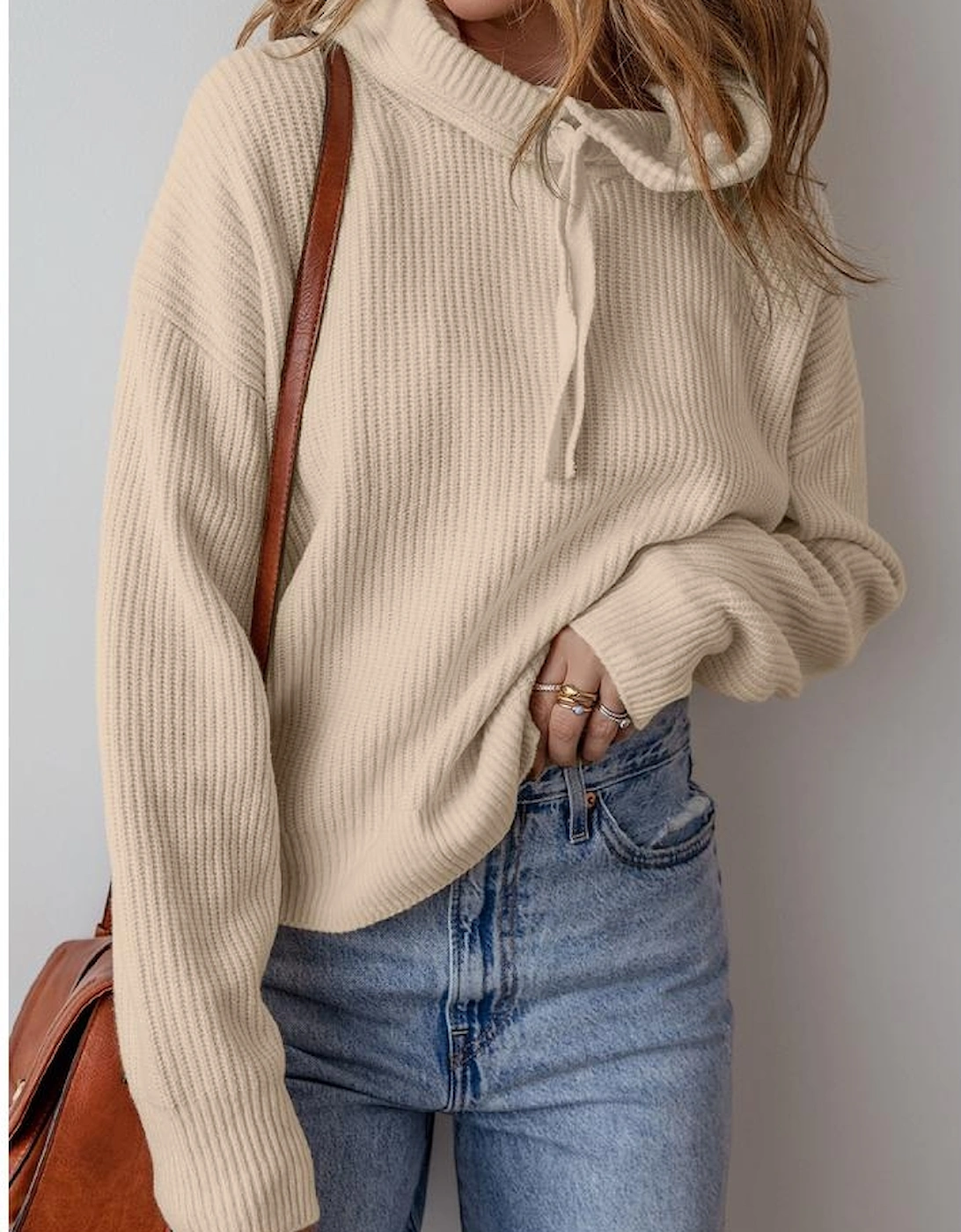 Beige Solid Color Drawstring Hooded Drop Shoulder Pullover Sweater