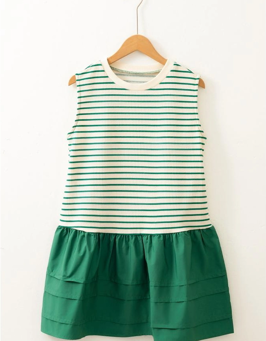 Green Stripe Woven Ruffled Sleeveless Mini Dress