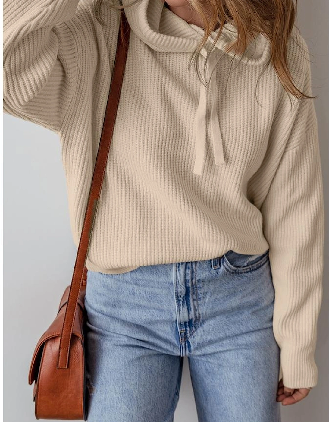 Beige Solid Color Drawstring Hooded Drop Shoulder Pullover Sweater