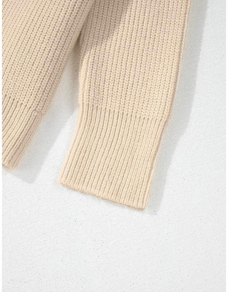 Beige Solid Color Drawstring Hooded Drop Shoulder Pullover Sweater