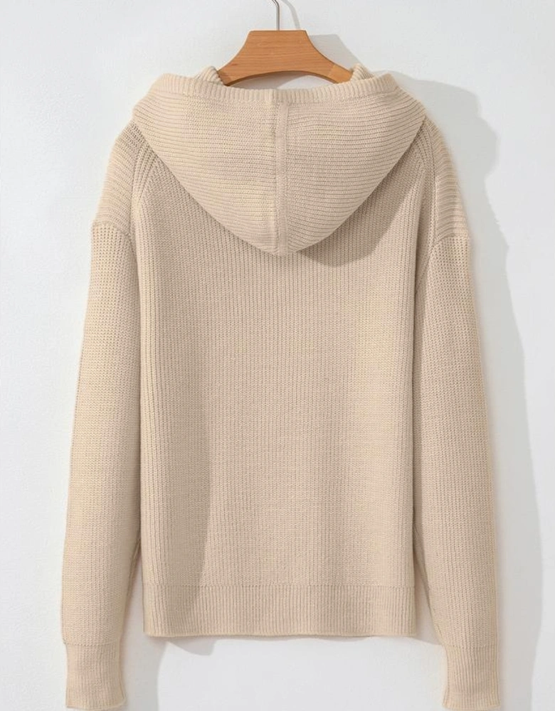 Beige Solid Color Drawstring Hooded Drop Shoulder Pullover Sweater