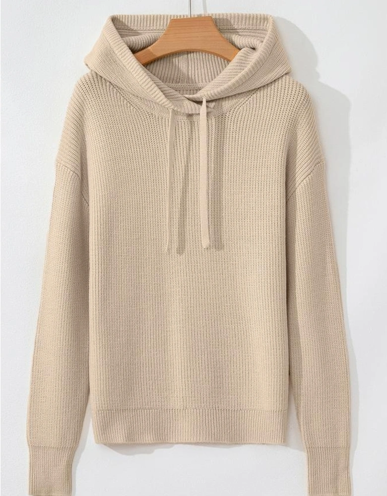Beige Solid Color Drawstring Hooded Drop Shoulder Pullover Sweater